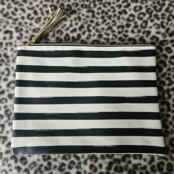 "But First, Me Time" Black and White Striped Oversized Travel Cosmetic Pouch Bag - Picture 5 of 7